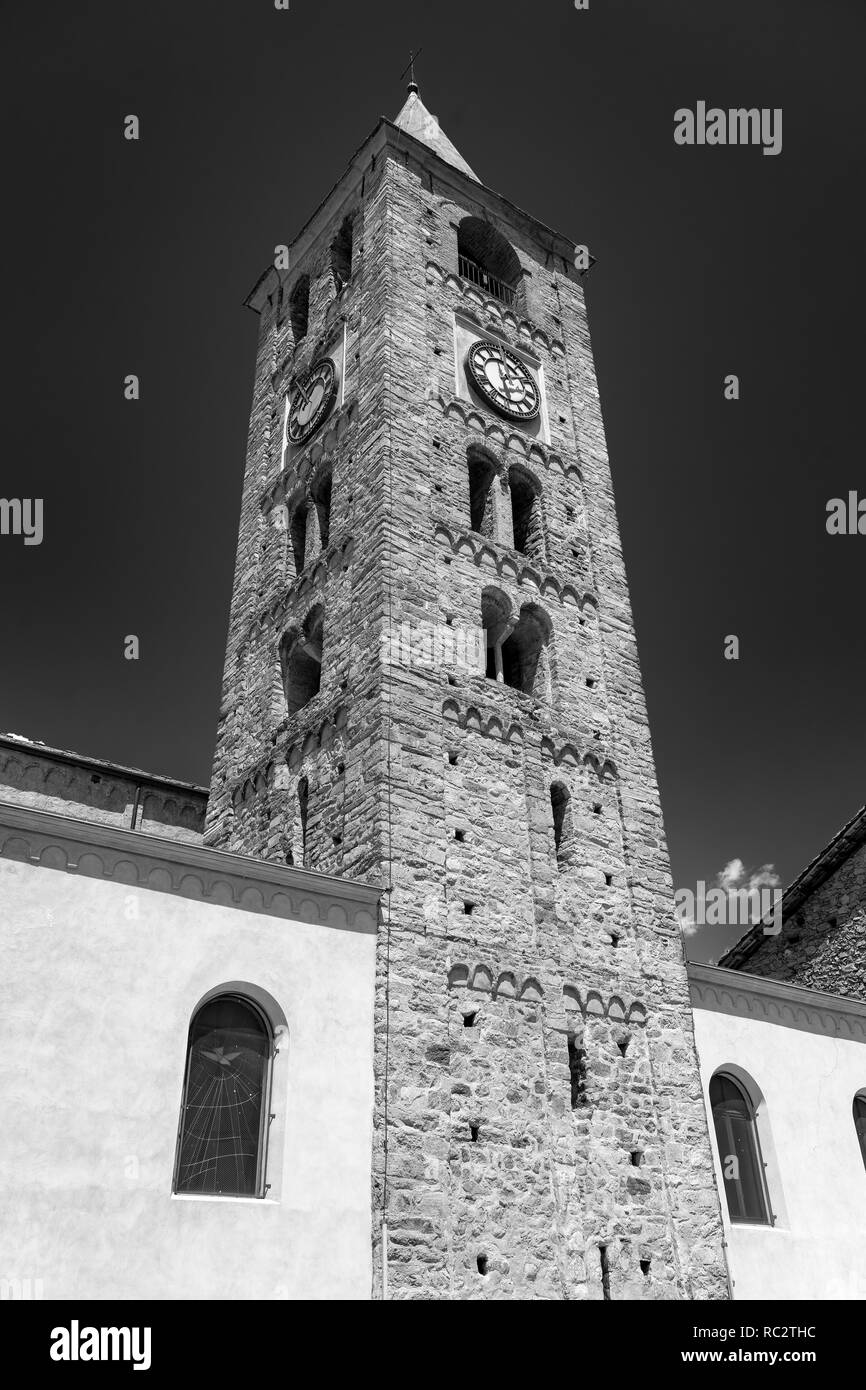 Historic church of Sant'Antonino di Susa, Turin, Piedmont, Italy. Black and white Stock Photo