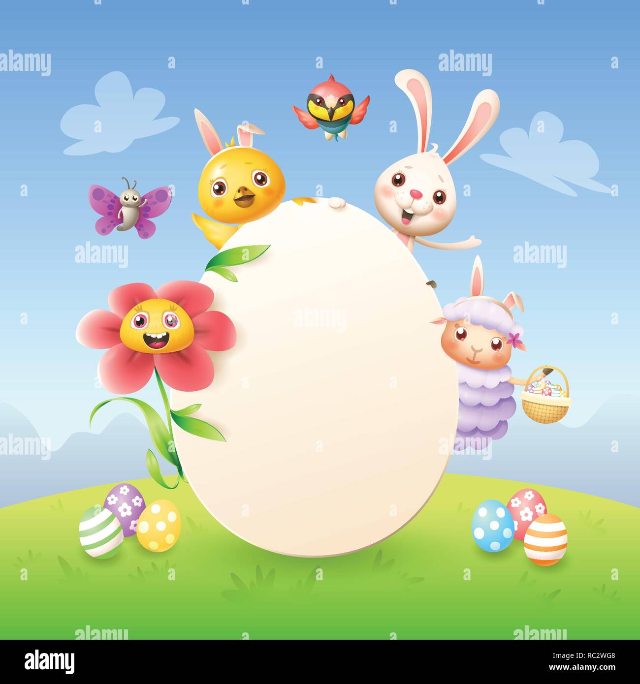 Easter greeting card template - Easter bunny, chicken, flower, sheep bee-eater bird and butterfly celebrate Easter around egg - spring landscape backg Stock Vector