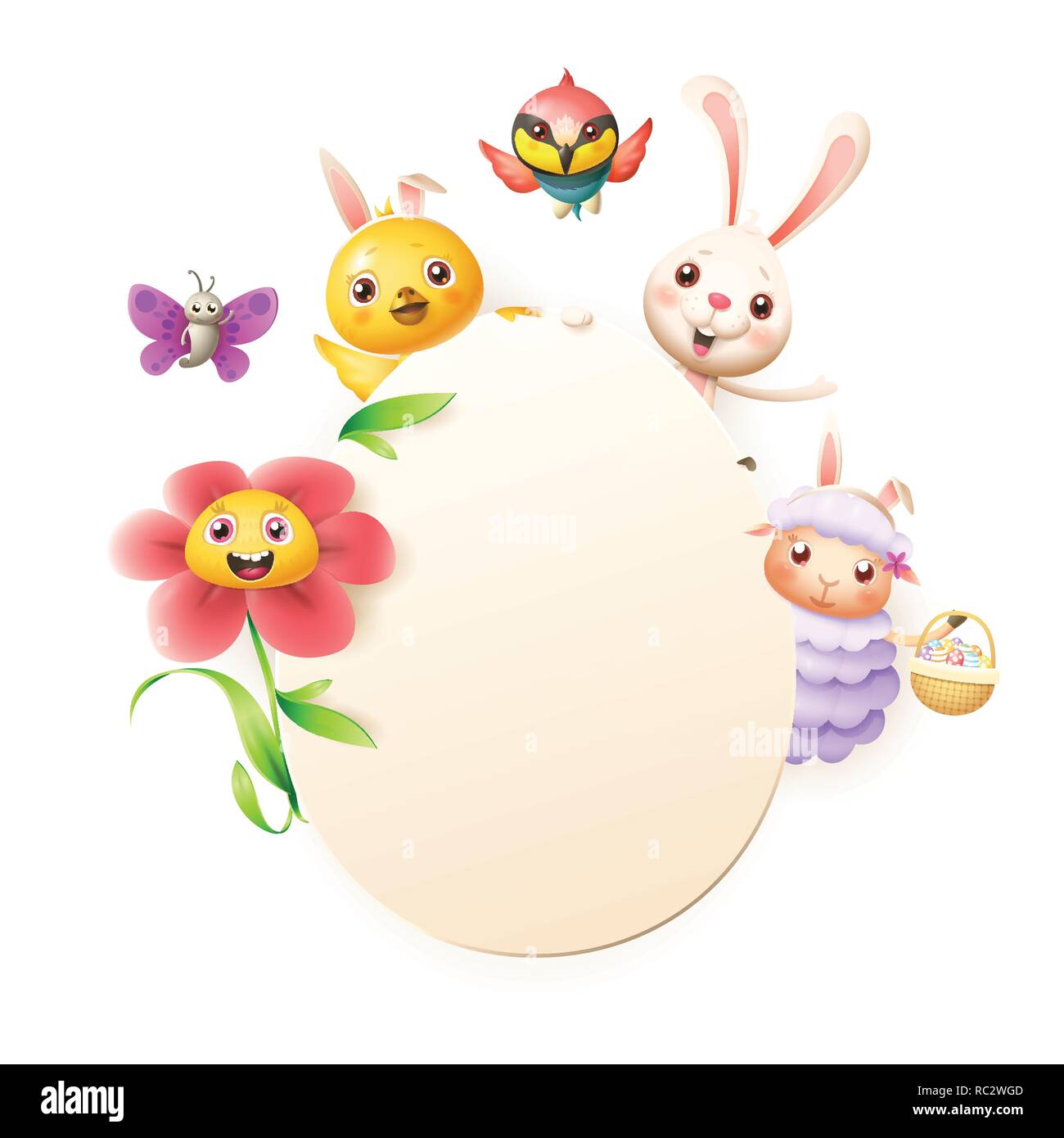 Easter greeting card template - Easter bunny, chicken, flower, sheep bee-eater bird and butterfly celebrate Easter around egg - isolated on white - em Stock Vector