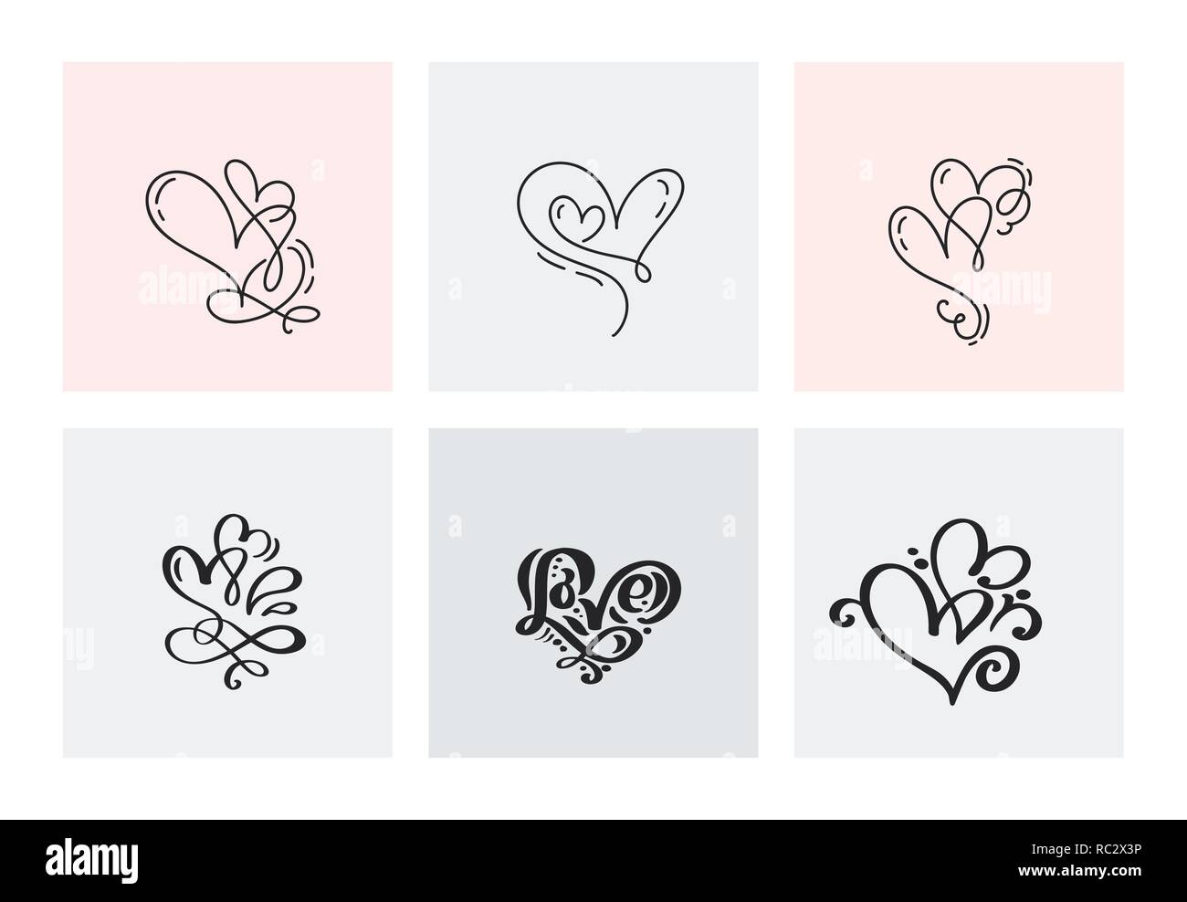 Set of six vintage Vector Valentines Day Hand Drawn Calligraphic Hearts ...