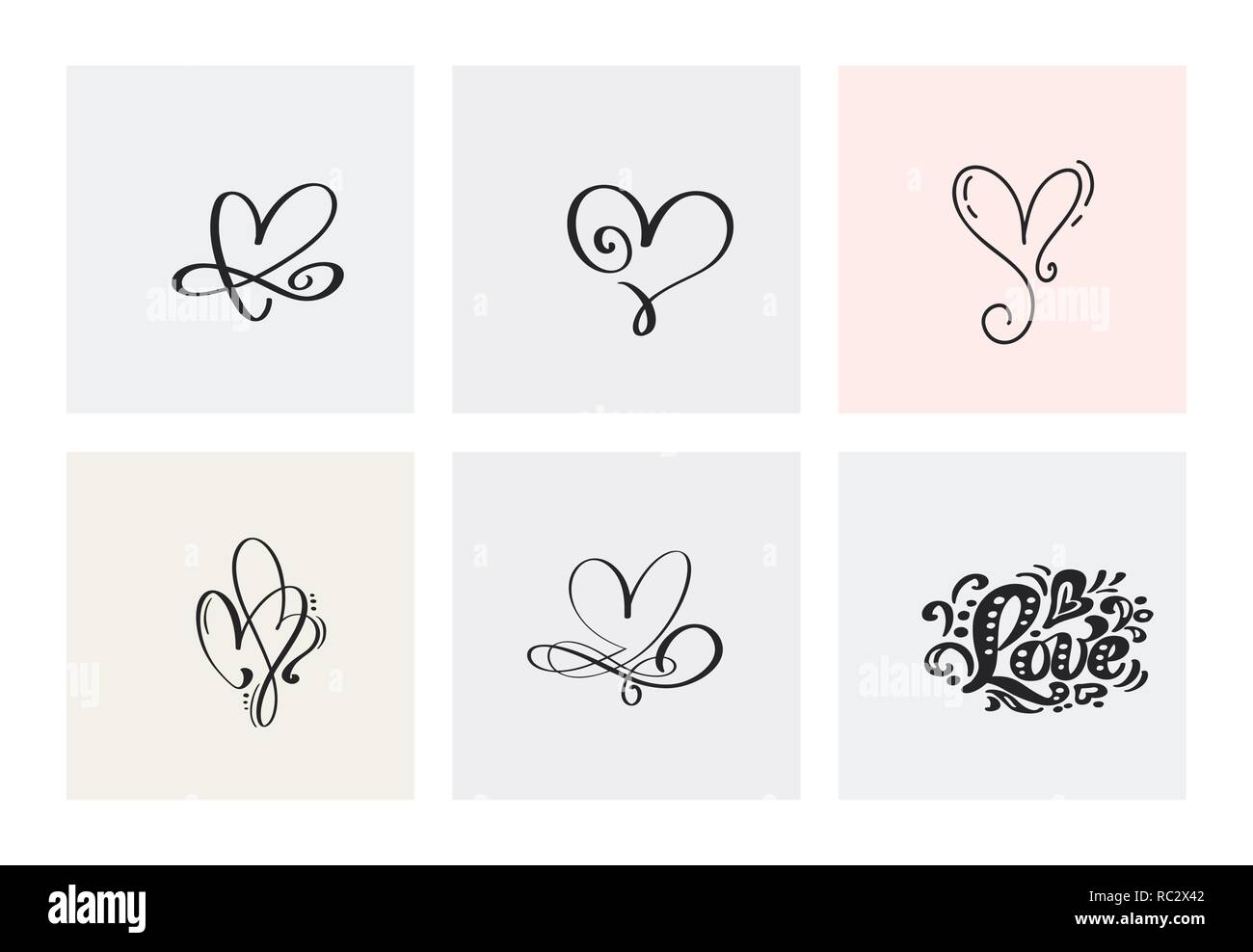 Set of six vintage Vector Valentines Day Hand Drawn Calligraphic Hearts ...