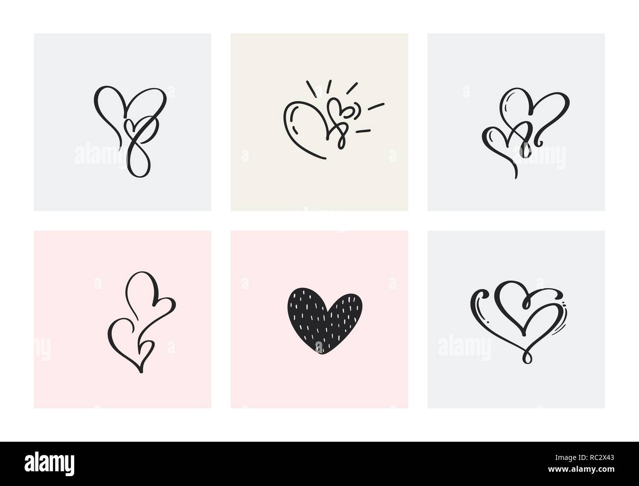 Set of six vintage Vector Valentines Day Hand Drawn Calligraphic Hearts ...