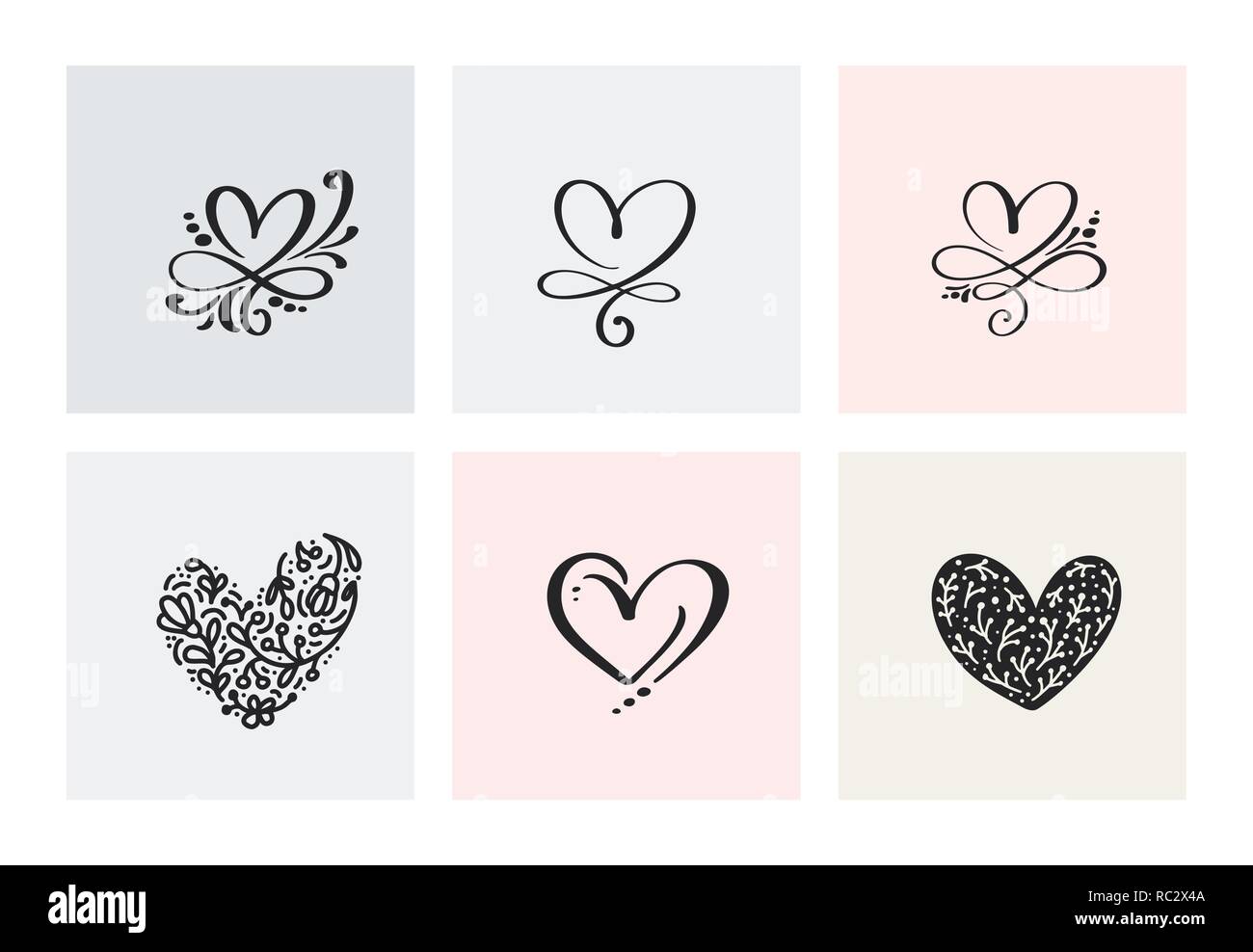 Set of six vintage Vector Valentines Day Hand Drawn Calligraphic Hearts ...