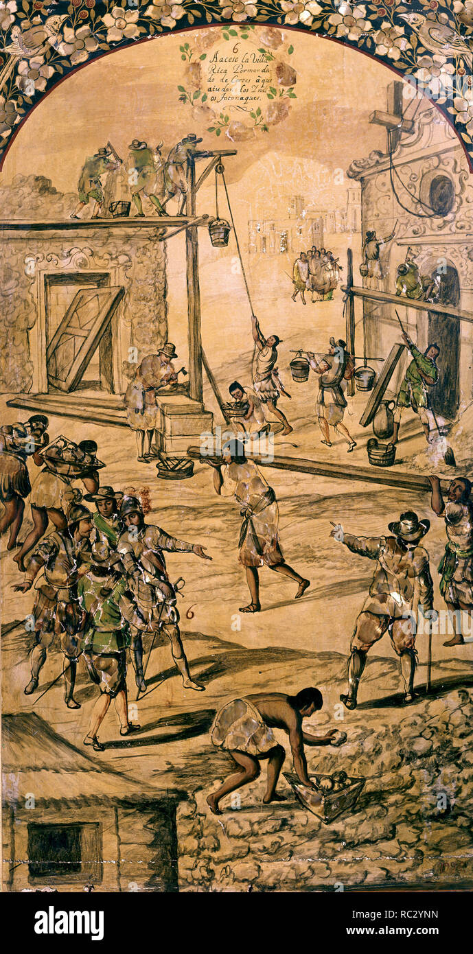 Spanish school. Conquest of Mexico. The Villa Rica Being Built with the Help of Totonac Indians. 1698. Enconchado. Madrid, Museum of America. Author: GONZALEZ MIGUEL / GONZALEZ JUAN. Location: MUSEO DE AMERICA-COLECCION. MADRID. SPAIN. Stock Photo