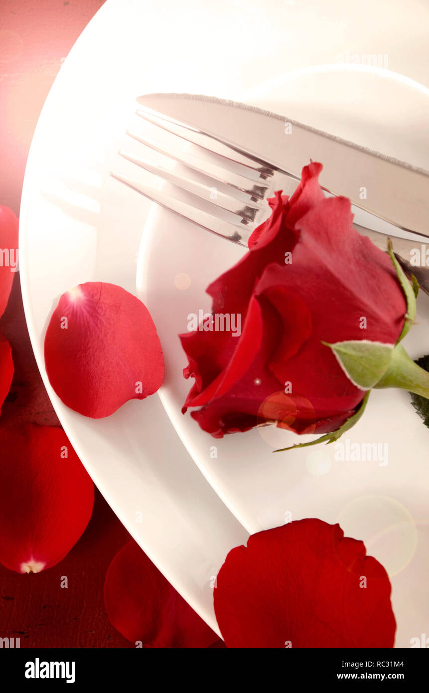 Happy Valentine's Day table place setting on red vintage wood ...