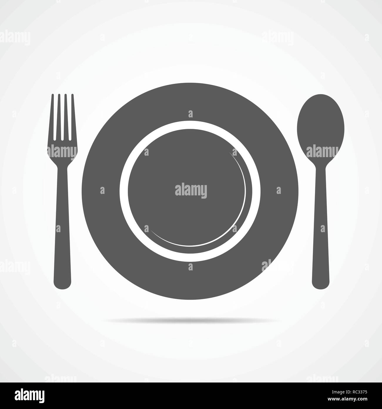 Plate, fork and spoon icon in flat design. Vector illustration. Gray restaurant symbol. Stock Vector