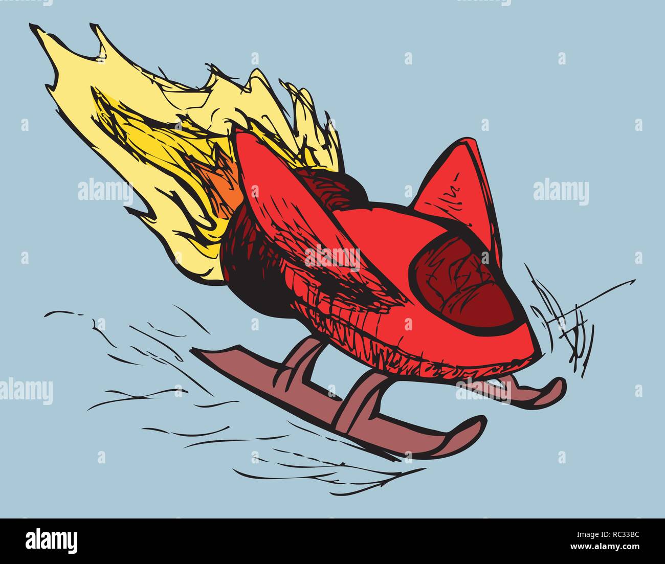Red colored sketch of a fantasy ski rocket on a pale blue background by jziprian Stock Vector