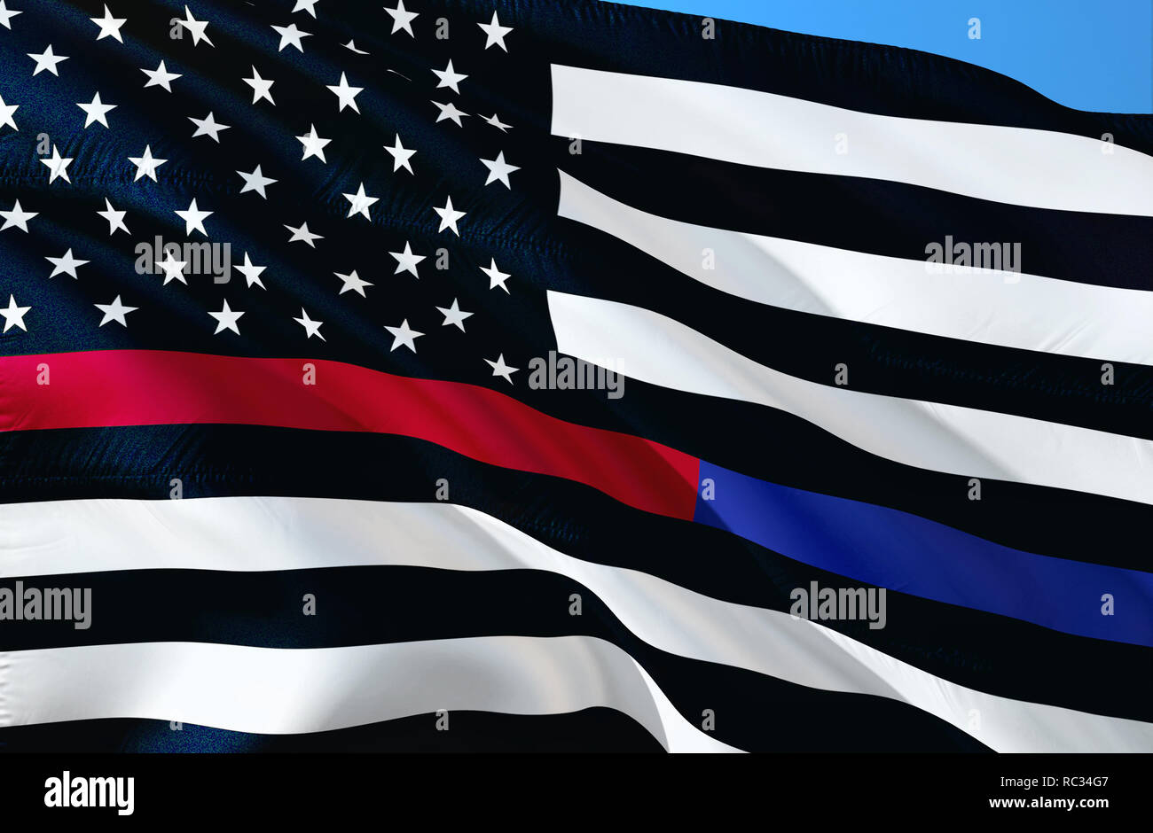 First Responder USA. Thin Blue Line Thin Red Line Embroidered U.S. American Flag Brass Grommets. Emergency medical responder. Flags of Valor. Show you Stock Photo