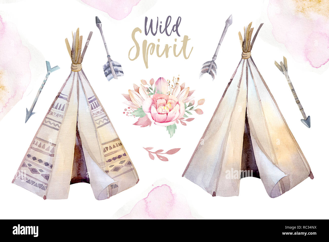 Watercolor colorful ethnic set of teepee and flowers bouquets in native American style.Tribal Navajo isolated wigwam illustration ornament on white background. Stock Photo