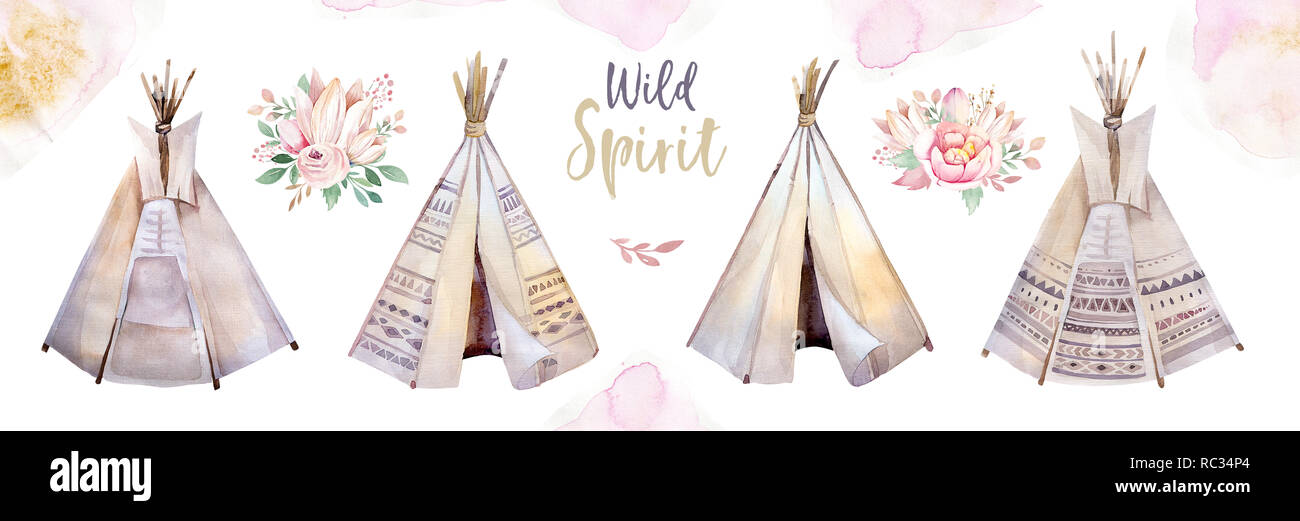 Watercolor colorful ethnic set of teepee and flowers bouquets in native American style.Tribal Navajo isolated wigwam illustration ornament on white background. Stock Photo