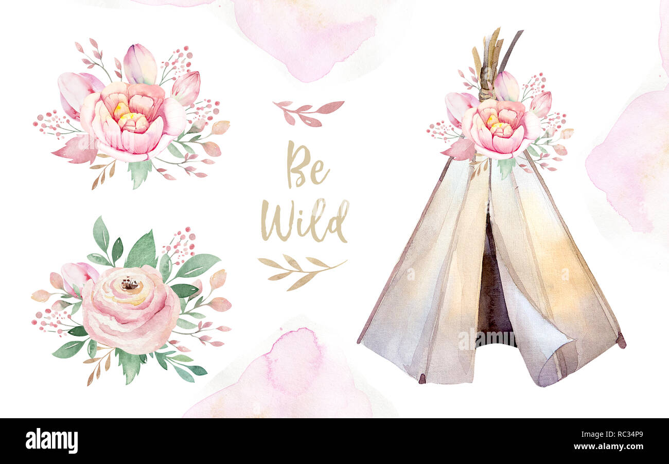 Watercolor colorful ethnic set of teepee and flowers bouquets in native American style.Tribal Navajo isolated wigwam illustration ornament on white background. Stock Photo