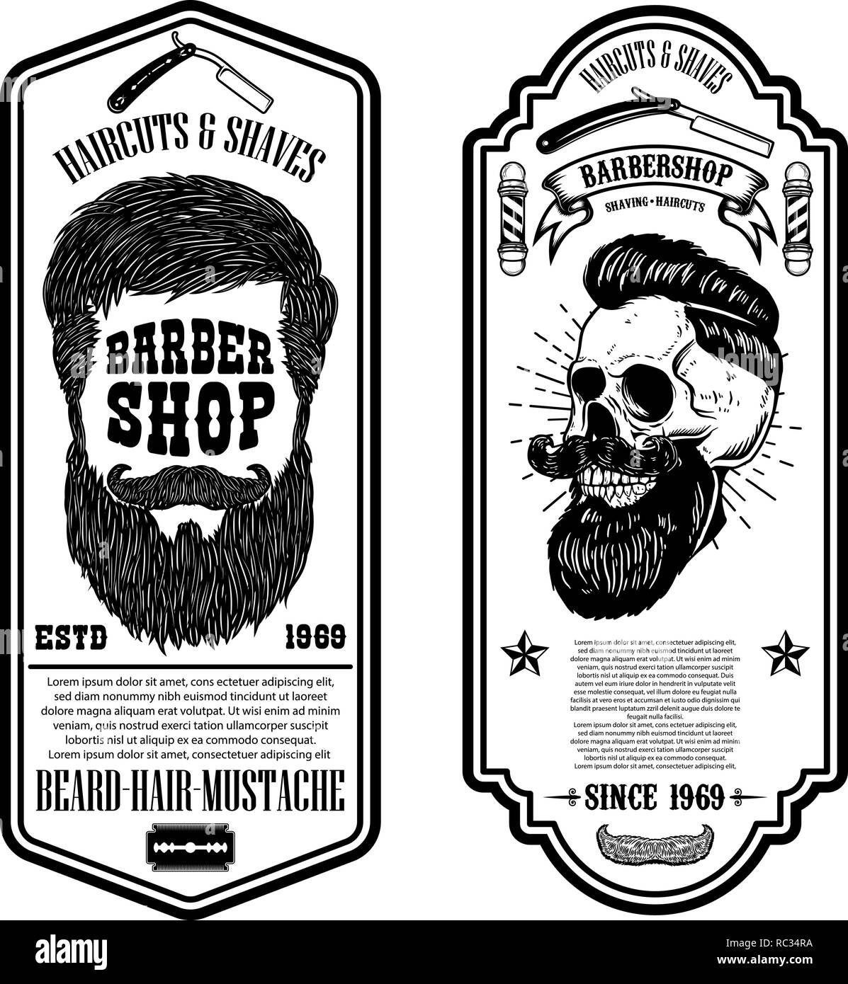 Barber shop flyer template. Barber's skull and tools on grunge background. Design element for emblem, sign, poster, card, banner. Vector illustration Stock Vector