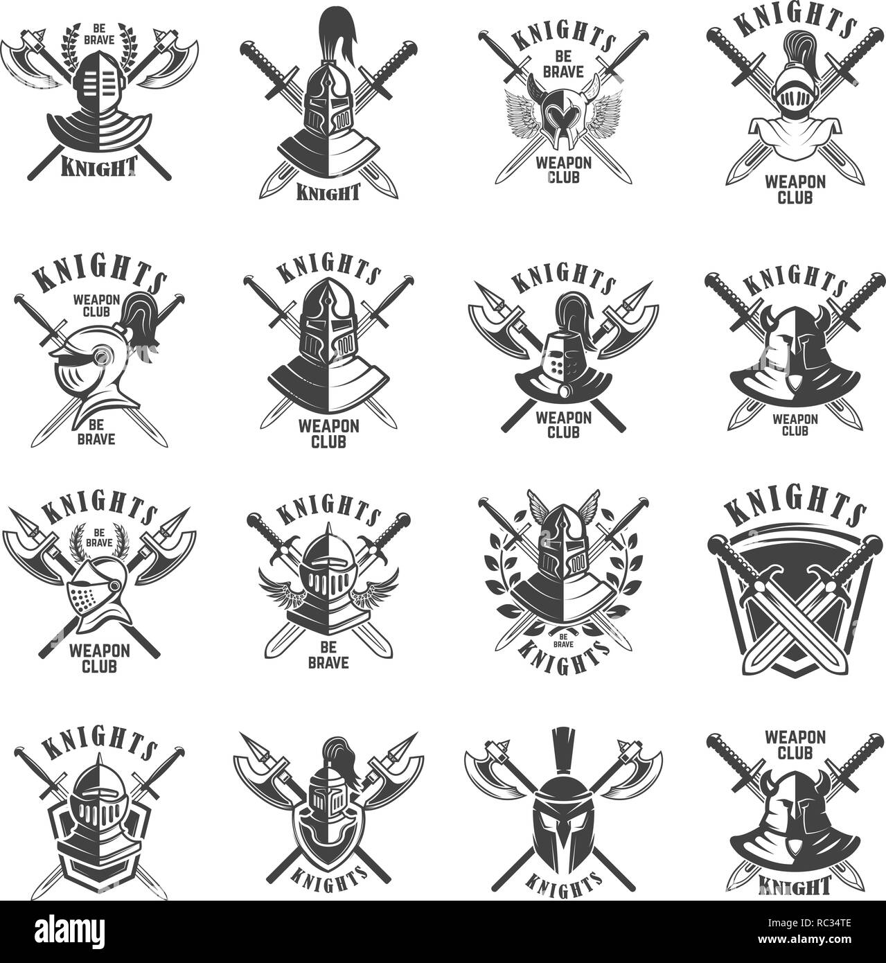 Set of emblems with knights, swords and shields. Design element for logo, label, emblem, sign, poster, t shirt. Vector illustration Stock Vector
