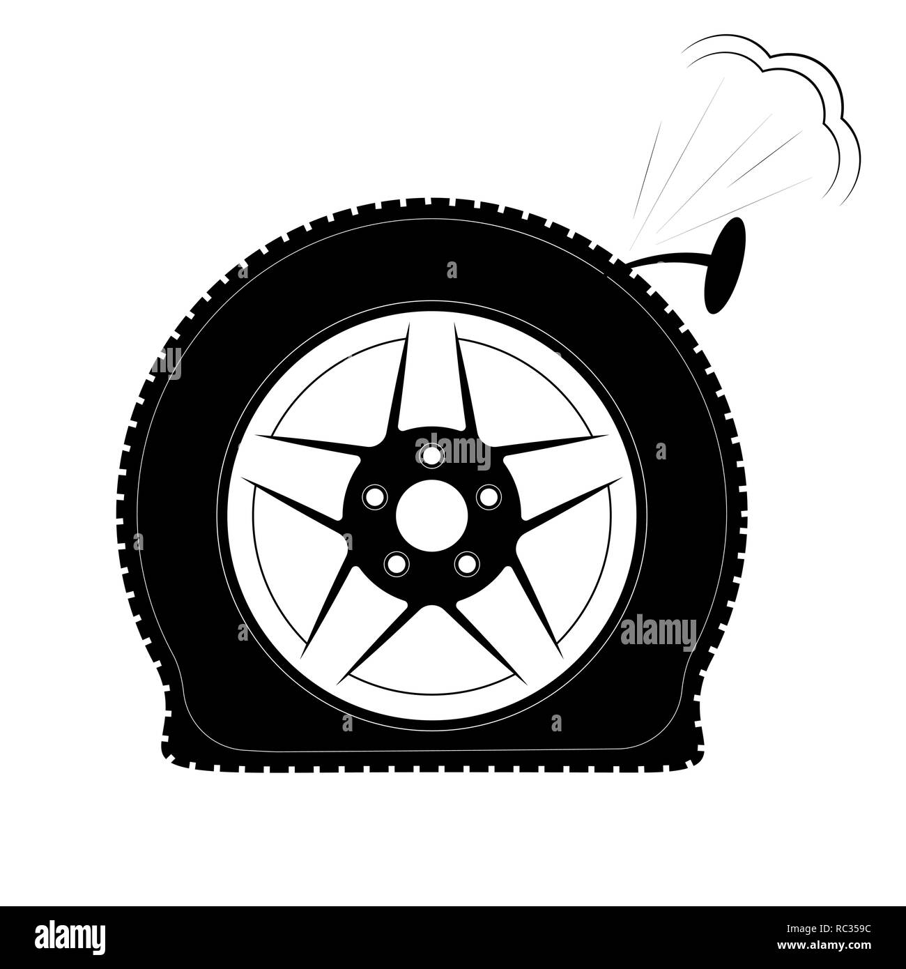 A flat tire or a punctured tire. Logo or emblem for tire fitting, shop or website Stock Vector