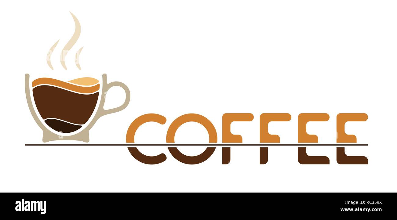 Morning cup of coffee for waking up. Logo or emblem. Layers of coffee in a cup and steam on top Stock Vector