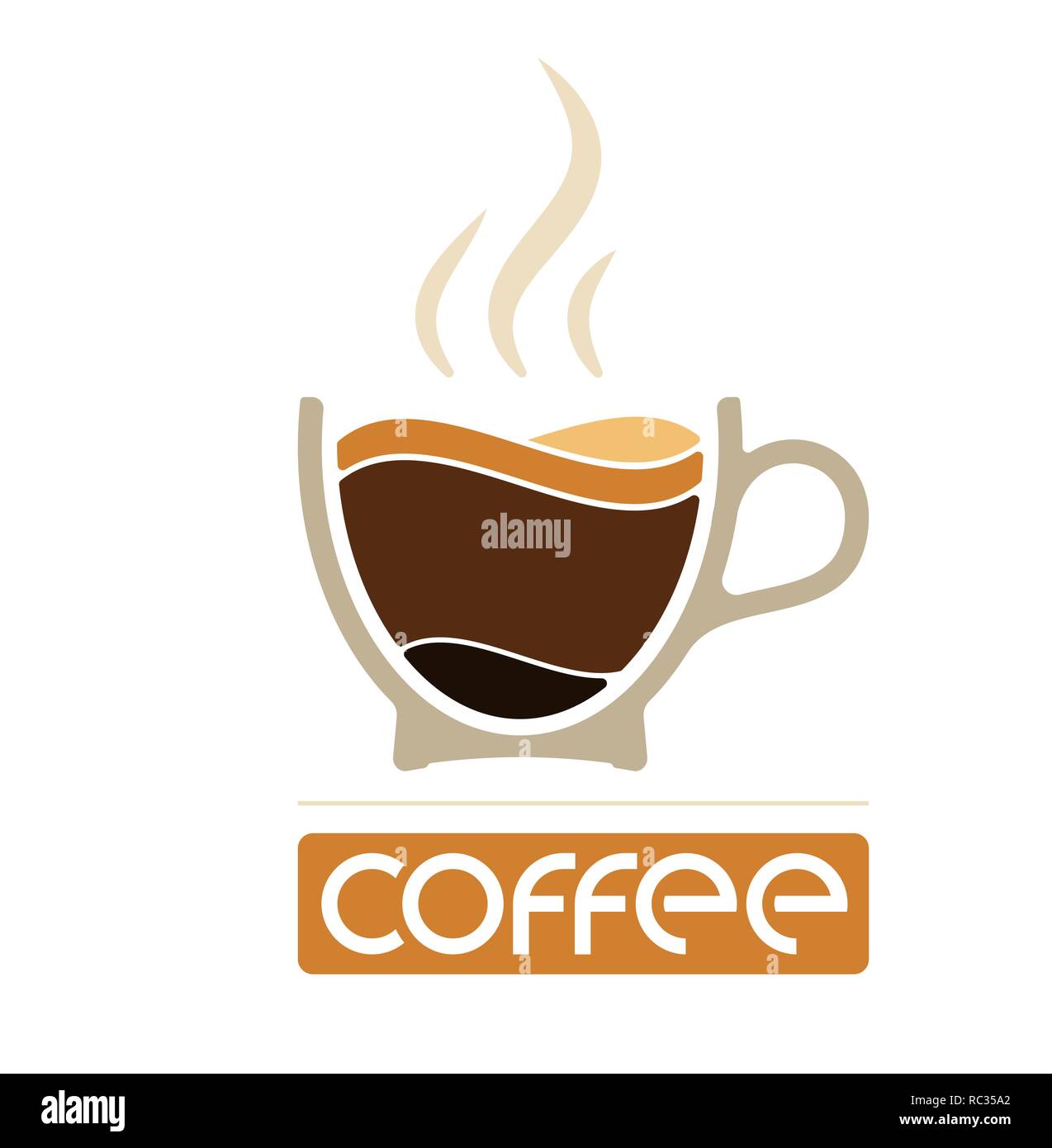 Morning cup of coffee for waking up. Logo or emblem. Layers of coffee in a cup and steam on top Stock Vector