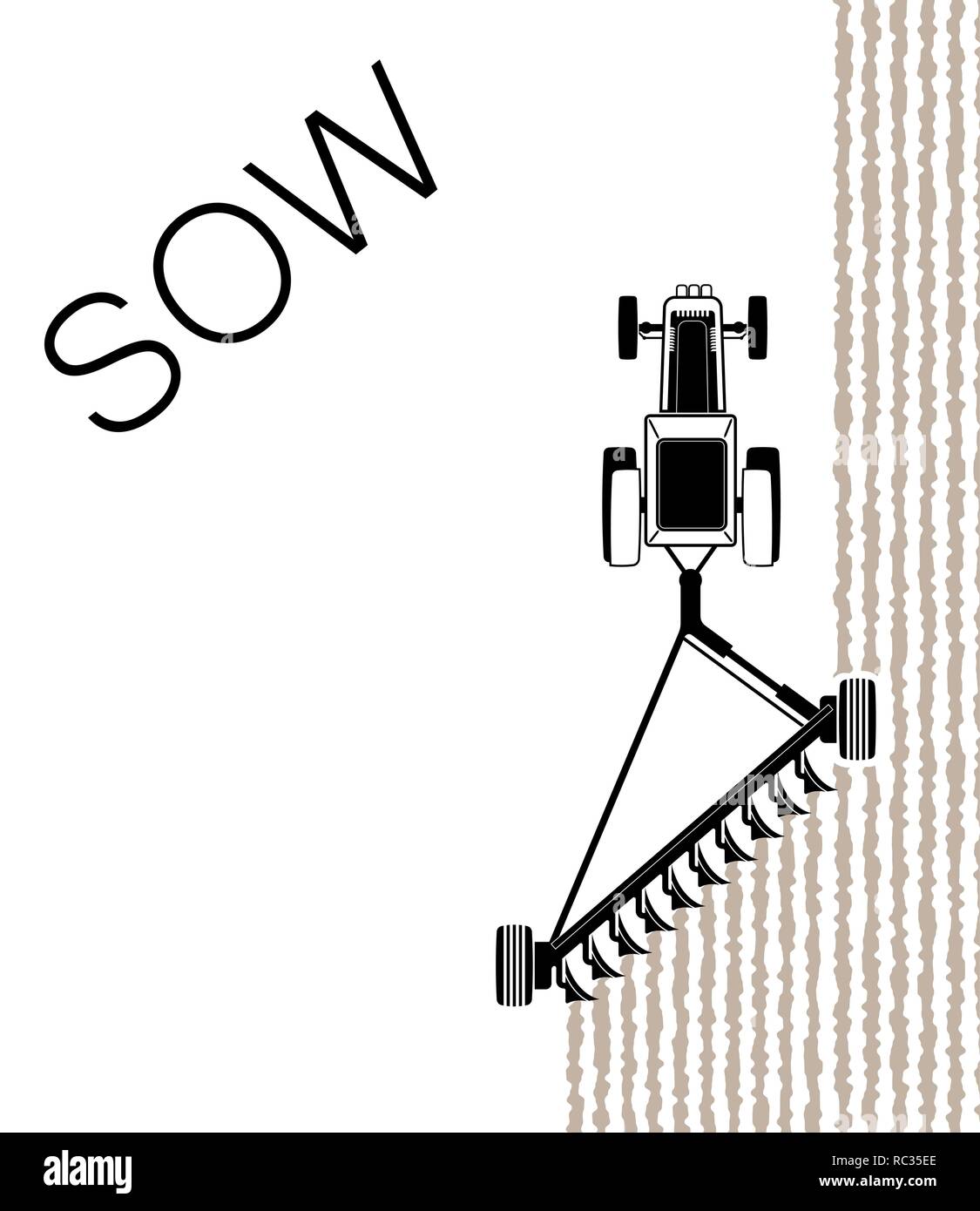 The tractor plows the field before sowing. Spring or autumn field work. Work on the farm. Copy space. Stock Vector