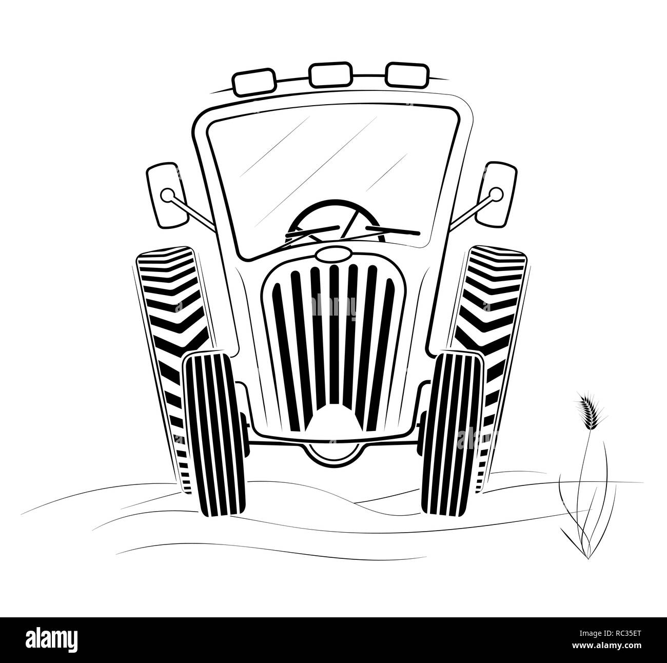 Black and white tractor profile in the field. A funny drawing. Spring work or harvesting. White background. Stock Vector