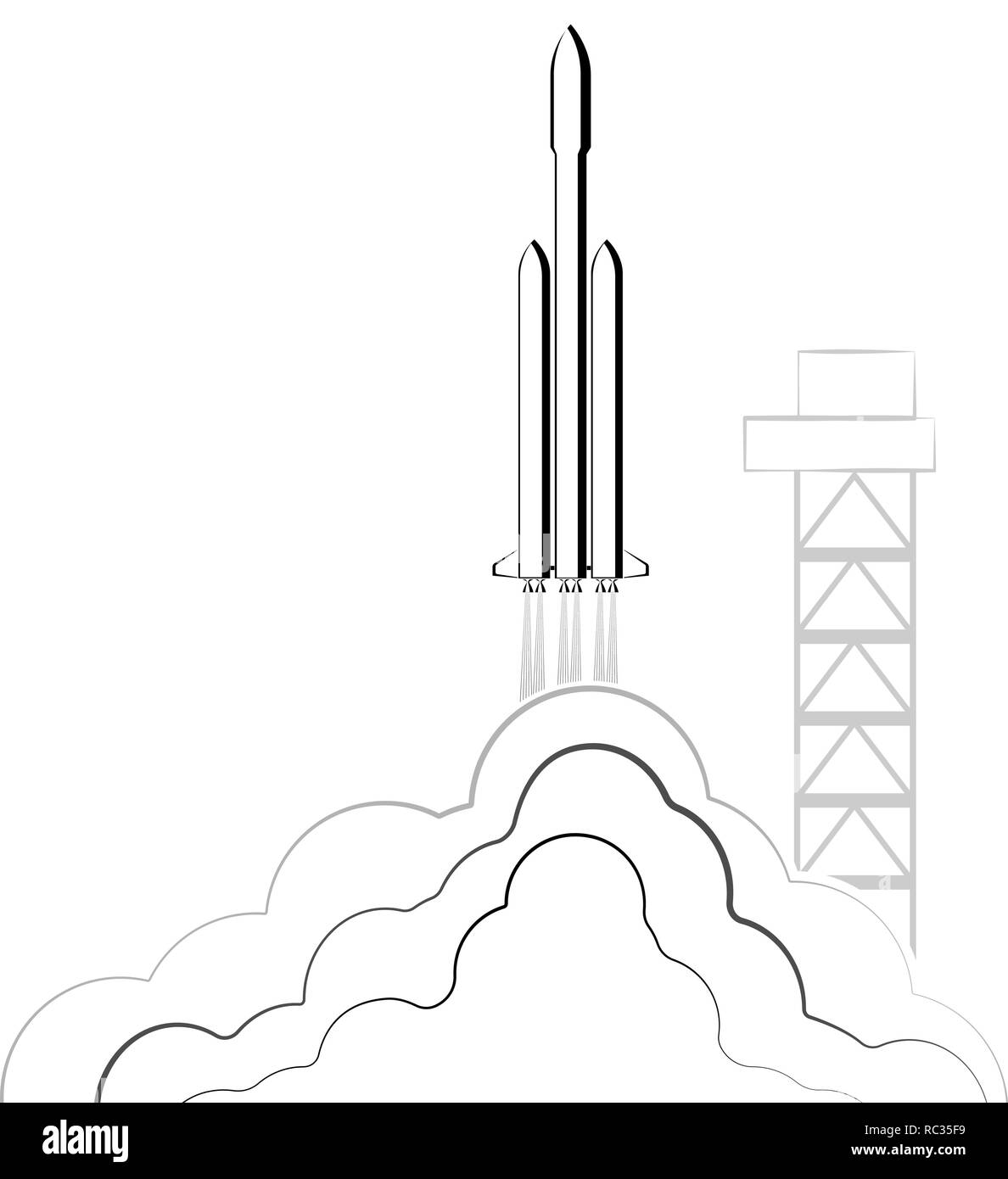 Reusable launch rockets into space. Rocket return to earth. The spaceship comes on to the orbit. Falcon. USA reusable rocket in space Stock Vector