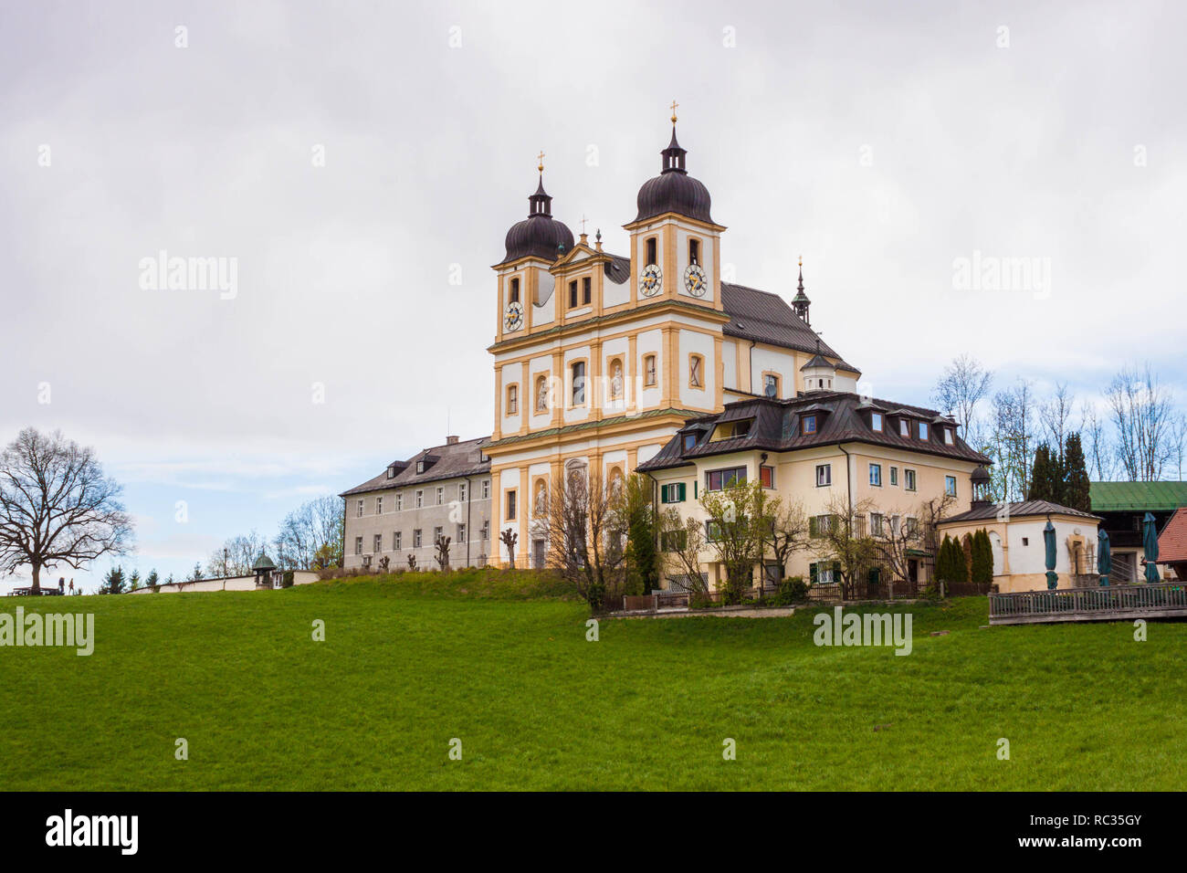 Pilgrimage church Maria Plain on Plainberg in Bergheim bei Salzburg, Austria. Mozart sometimes  played music at Maria Plain during Sunday mass. Stock Photo