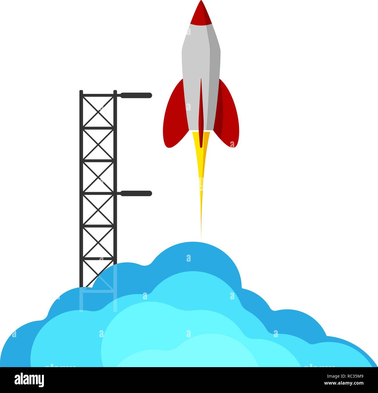 A rocket flying into space. Starting or starting an important project. The startup. Procurement for presentation. Stock Vector