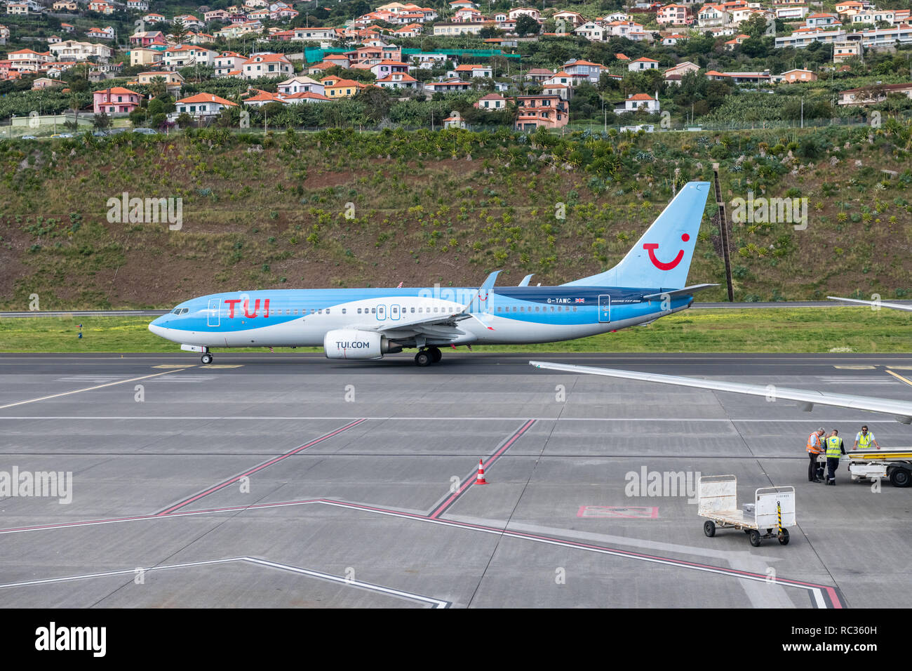 TUI Boeing G-TAWC 737-800 taxing to take off, Madeira International Airport Cristiano Ronaldo CR7 Stock Photo