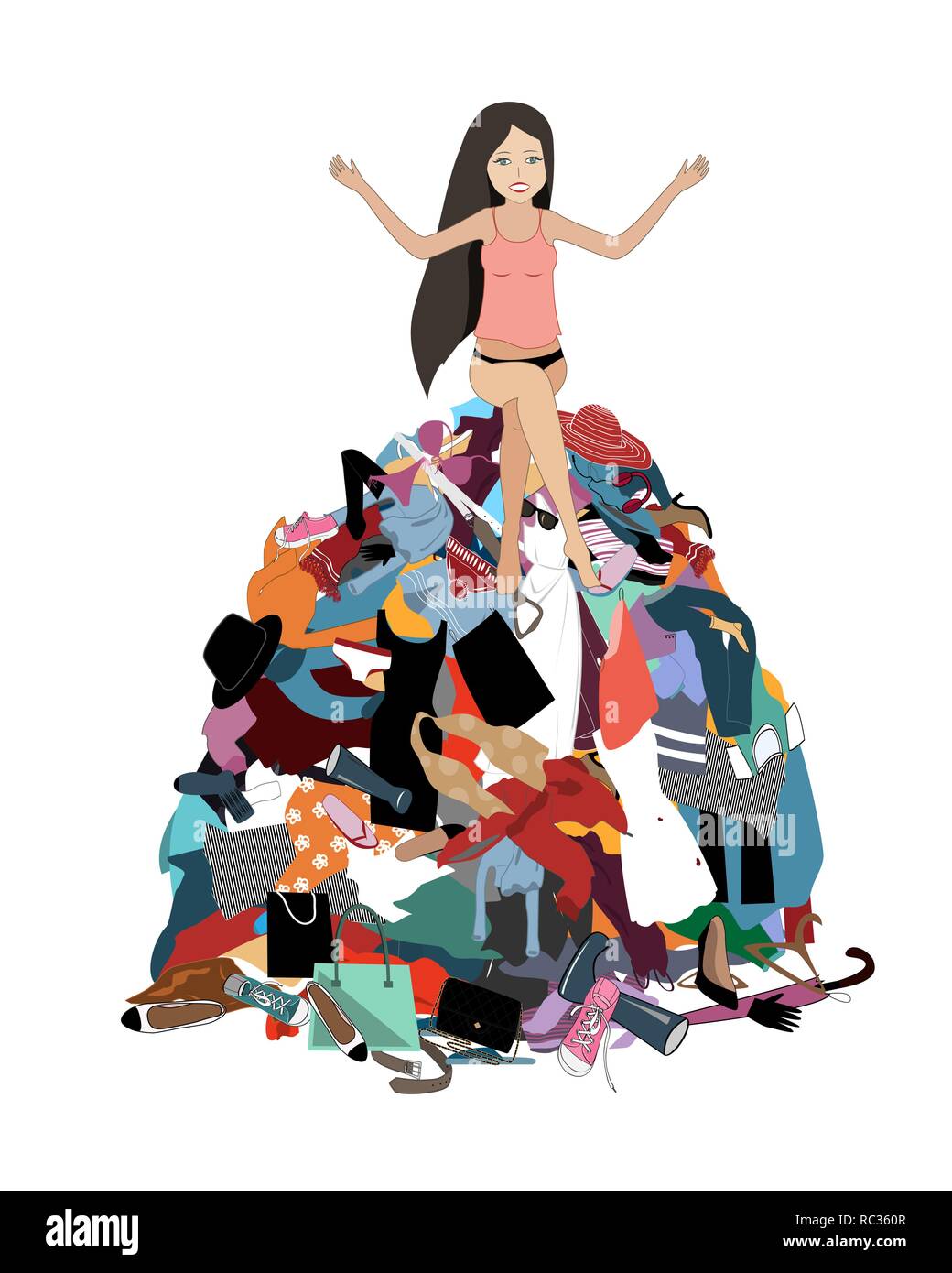 Nothing to wear concept, young attractive stressed woman seating in a pile of messy clothes gotten out of closet. Vector illustration. Stock Vector