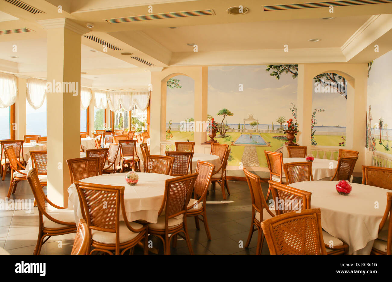 The interior of the restaurant overlooking the sea. Vico Equense. Italy