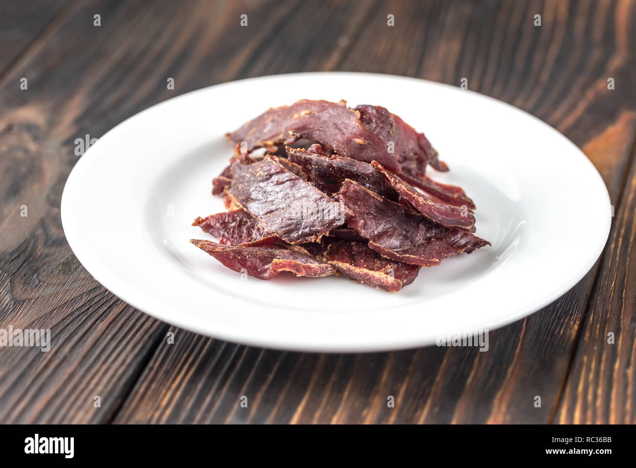 Beef jerky on the white plate Stock Photo - Alamy