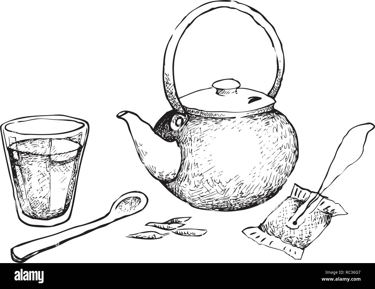 Illustration Hand Drawn Sketch of Tea Bag with Pot and Cup. Tea Is A