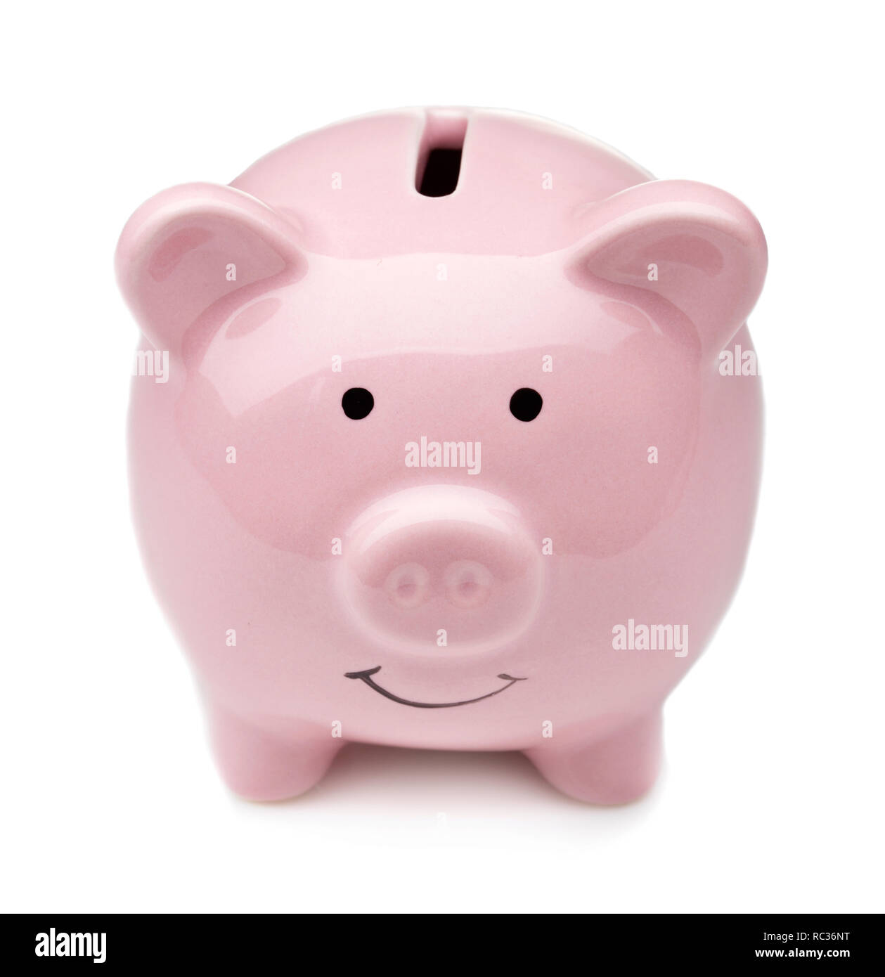 single pink ceramic piggy bank isolated on white background Stock Photo