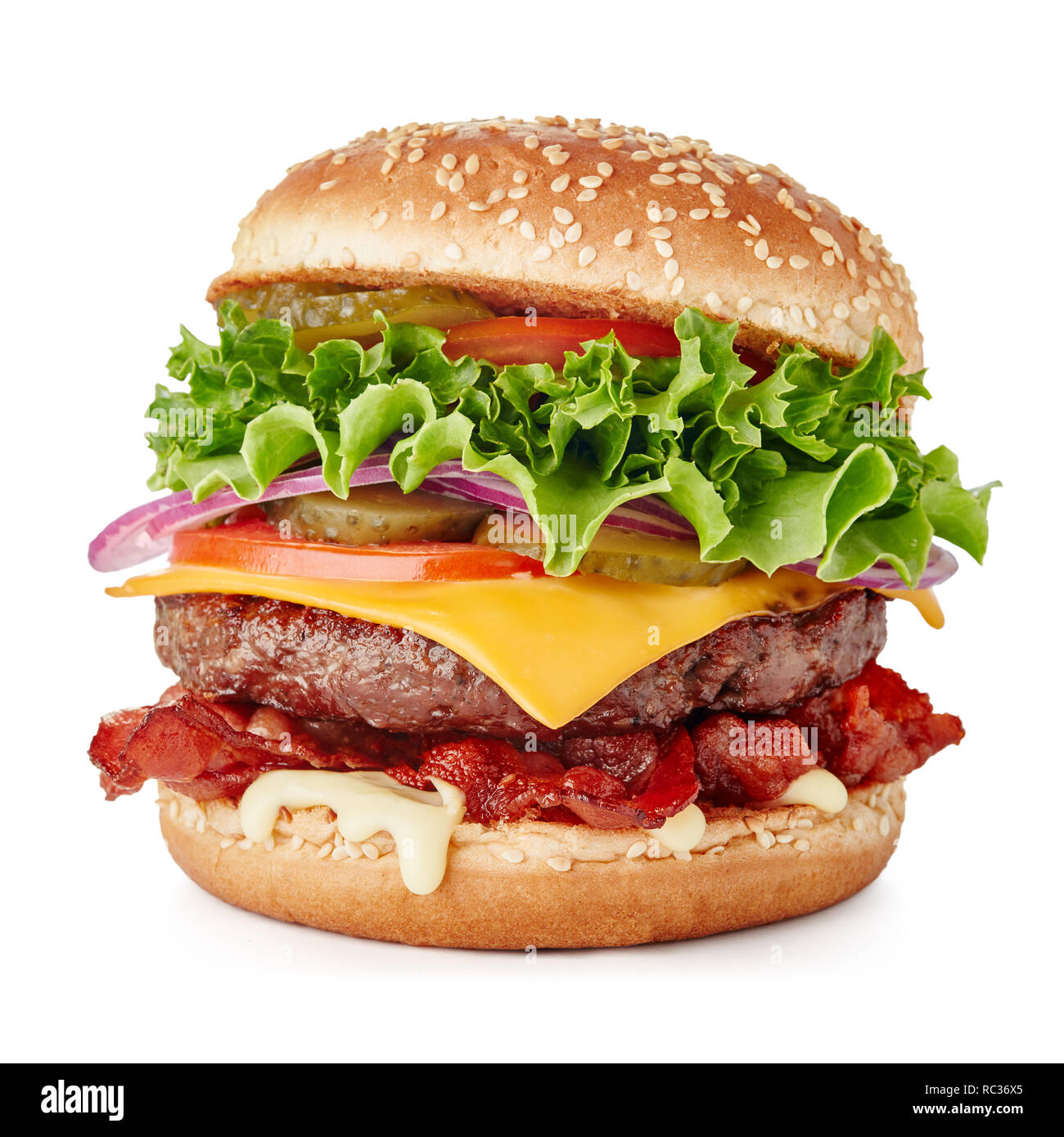 single fresh burger with cheese and bacon isolated on white background