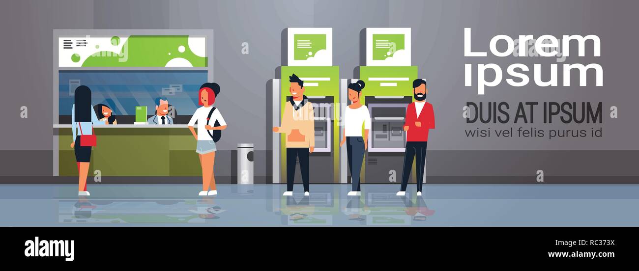 people waiting line queue cashier cash desk window financial center money  transactions customer service modern bank office interior ATM banking  equipm Stock Vector Image & Art - Alamy