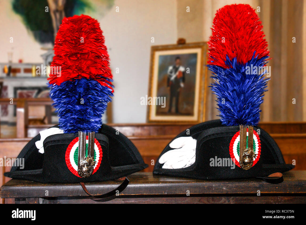 Historical carabinieri hats with plume Stock Photo