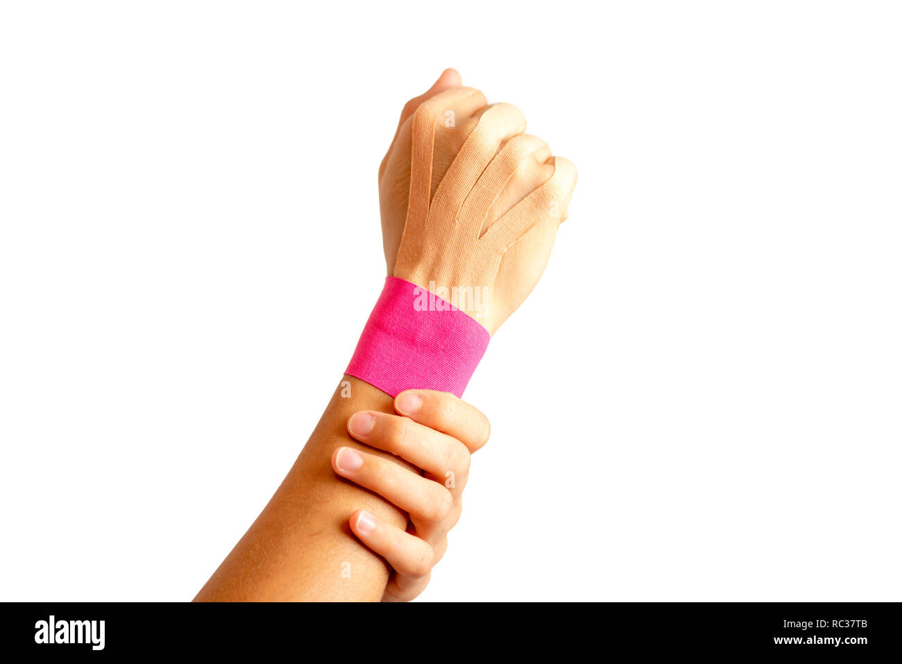 Female hand with physio tape on white background Stock Photo