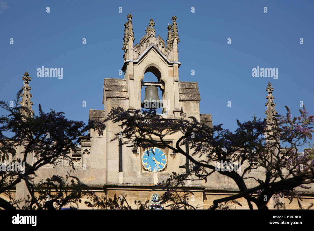 Bell and clock tower, Sidney Sussex College, university city of Cambridge, Cambridgeshire, England Stock Photo