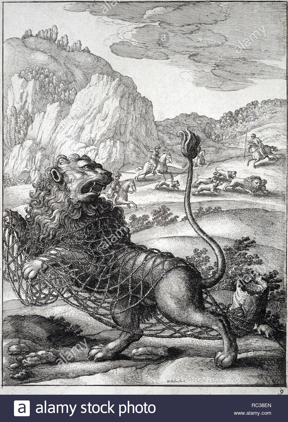 The Lion and the Mouse, one of Aesop's Fables, etching by Bohemian