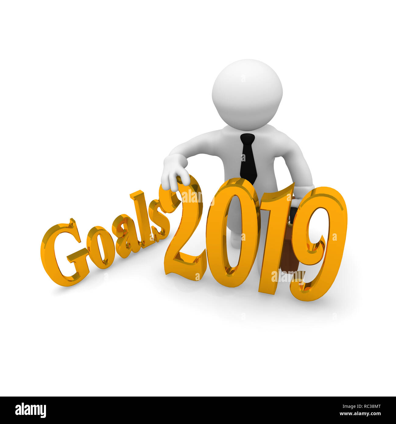 Small businessman with the word goals and the number 2019 in gold, 3d rendering Stock Photo