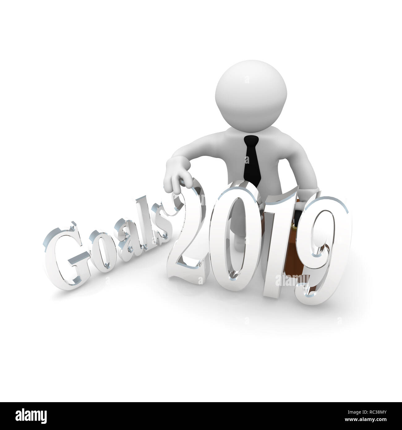 Small businessman with the word goals and the number 2019 in silver, 3d rendering Stock Photo