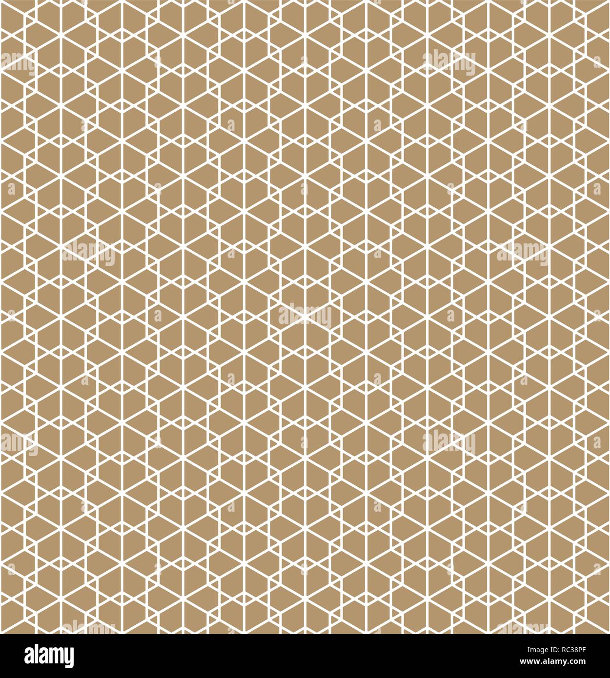 Seamless pattern based on Japanese ornament Kumiko.Gold background color.White pattern layer.Average thickness line variant.ROUNDED corners. Stock Vector