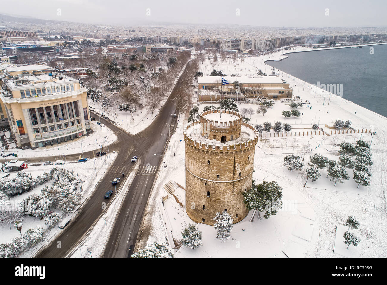 Thessaloniki, Greece January 5, 2019 Aerial view of the snowy famous