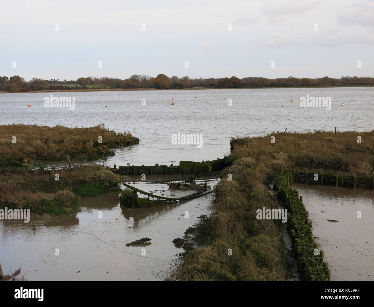 A view of the River Deben Estuary, an Area of Outstanding Natural Beauty, with mudflats and saltmarsh habitats, and walkways for ramblers Stock Photo