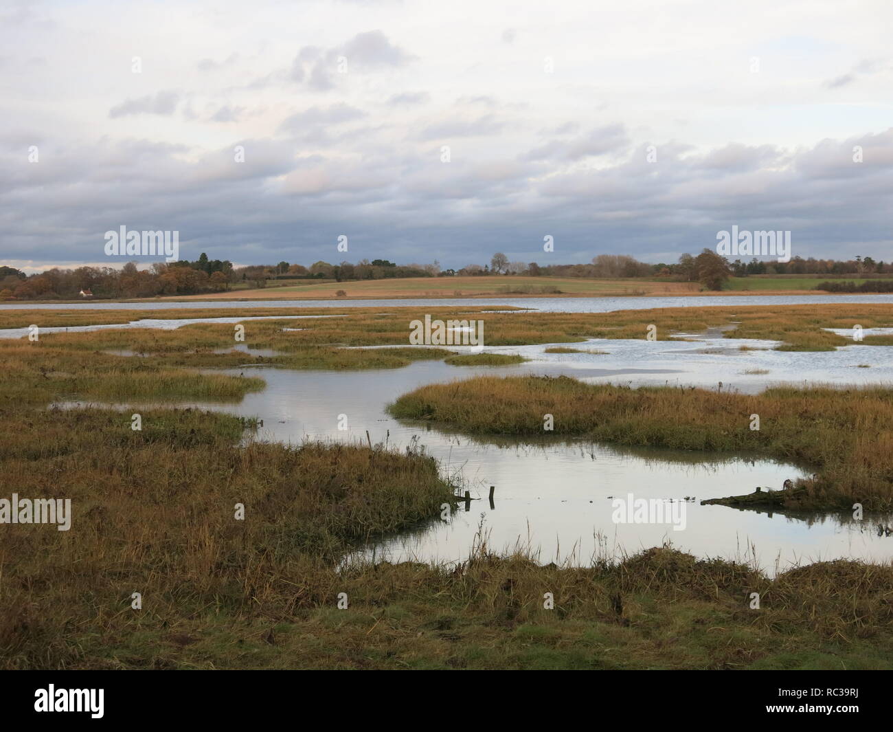 A view of the River Deben Estuary, an Area of Outstanding Natural Beauty, with mudflats and saltmarsh habitats, and walkways for ramblers Stock Photo