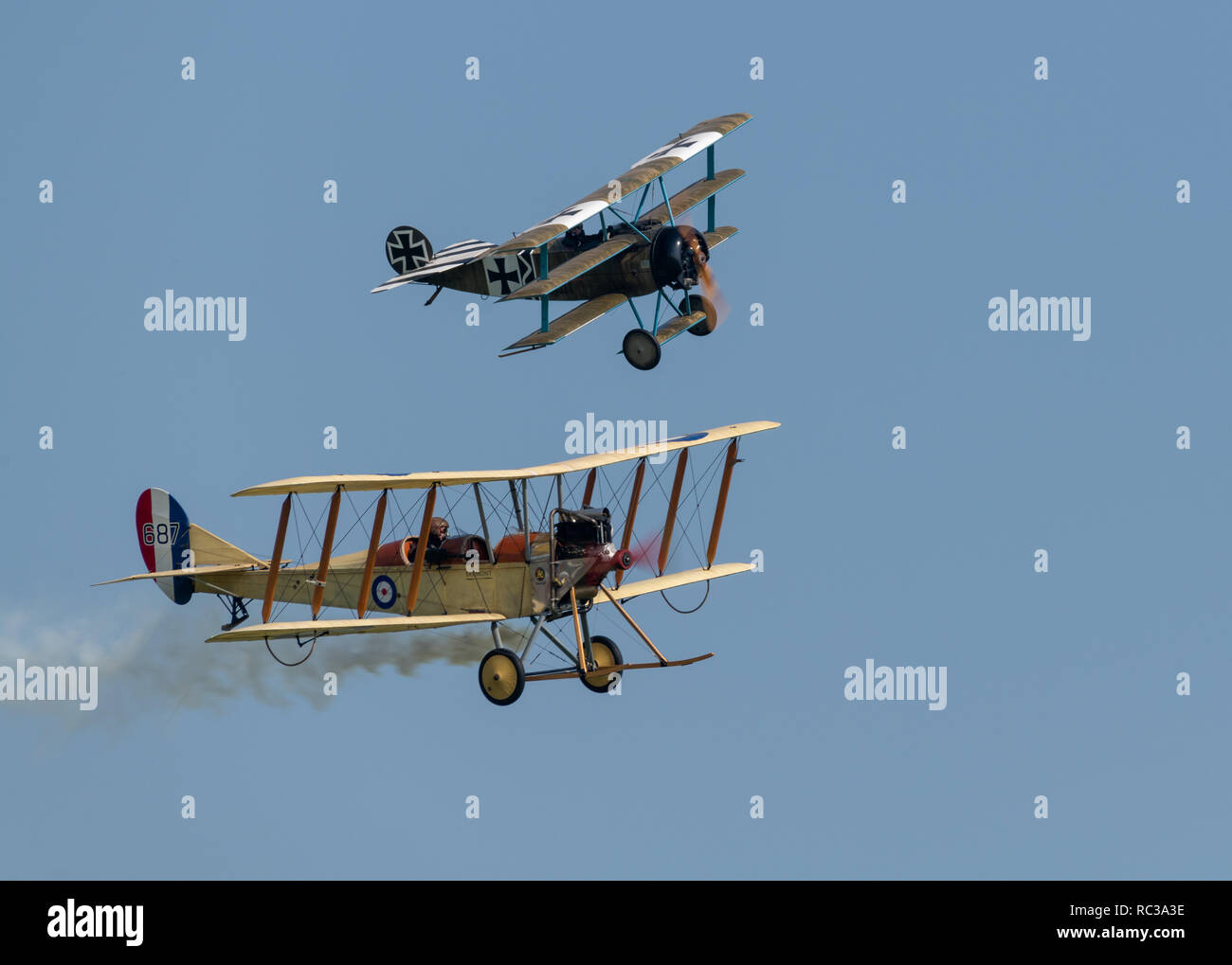Bremont Great War Display Team - 1912 Royal Aircraft Factory BE2c  and Fokker DR1 triplane flying at the 2018 IWM Duxford display Stock Photo