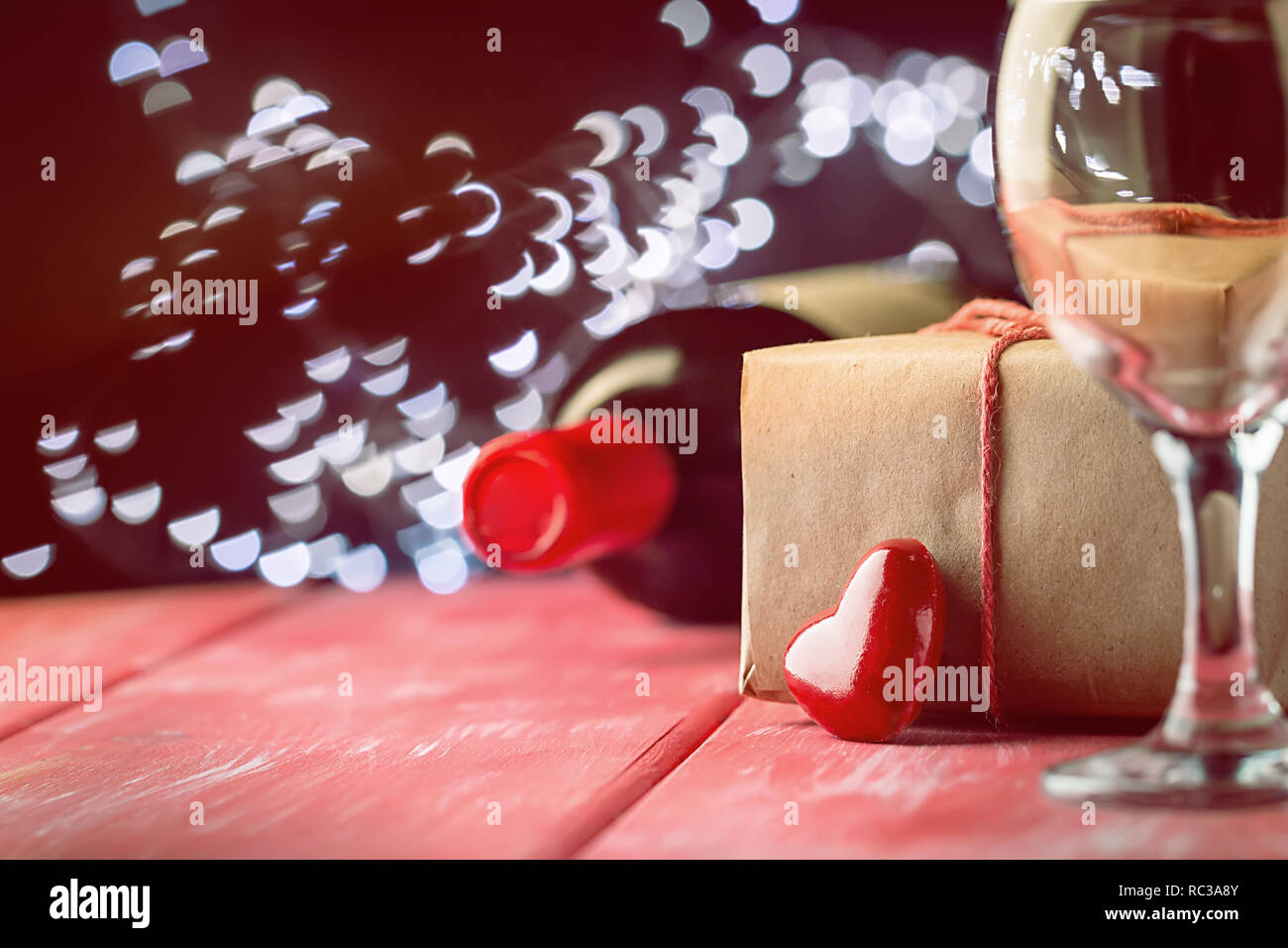 Valentines Day Background With Red Wine Wine Glass And Gift Box