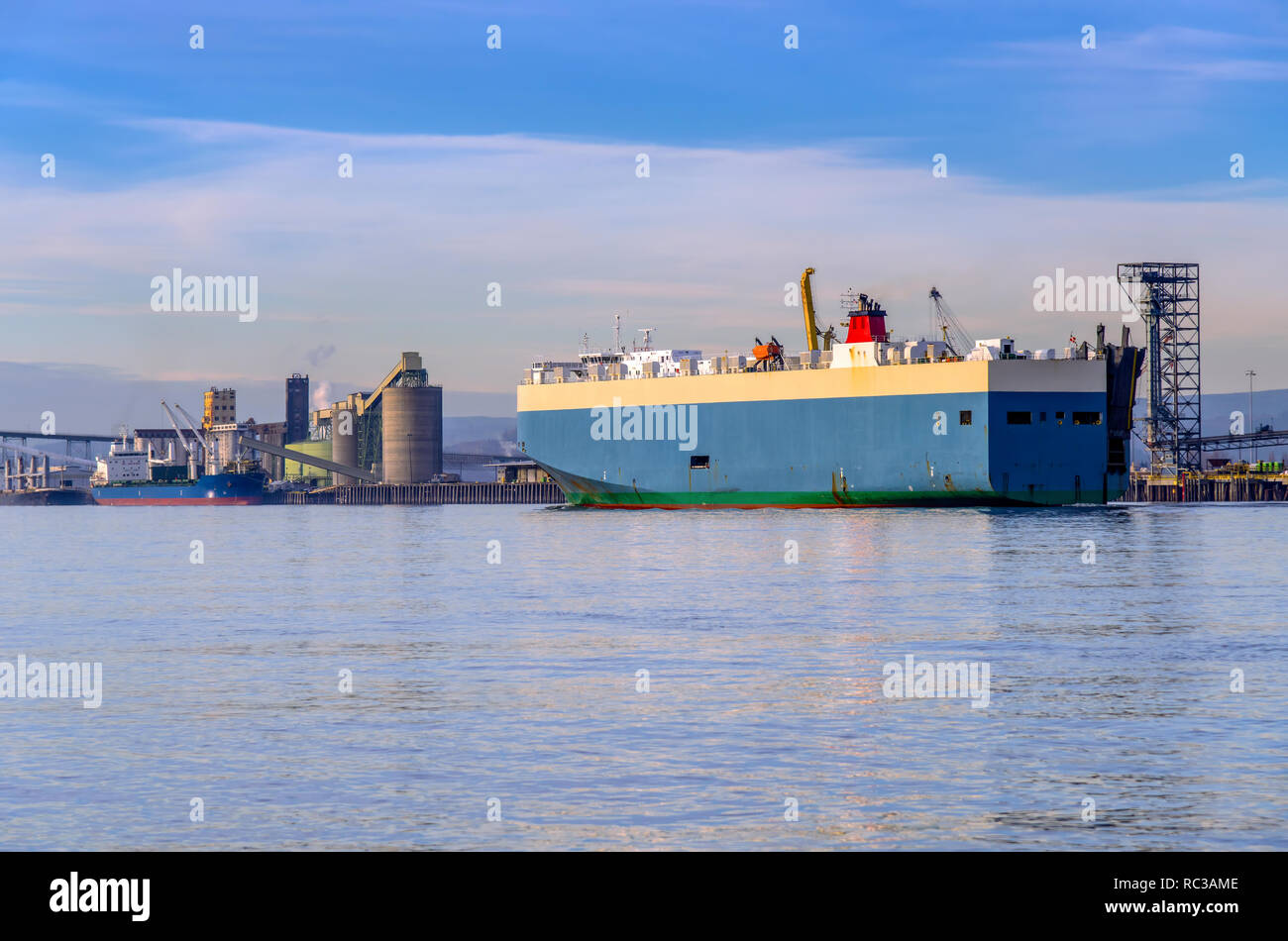 Large cargo tanker crusing back to the Pacific ocean Oregon. Stock Photo