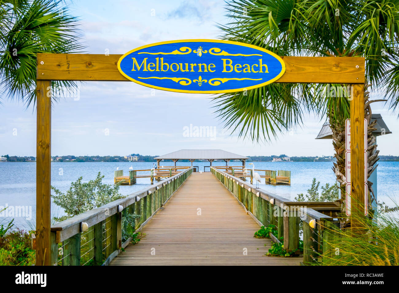 Melbourne Beach, Florida, USA - January 12, 2019: Historic Melbourne Beach Pier located on the Indian River. Stock Photo