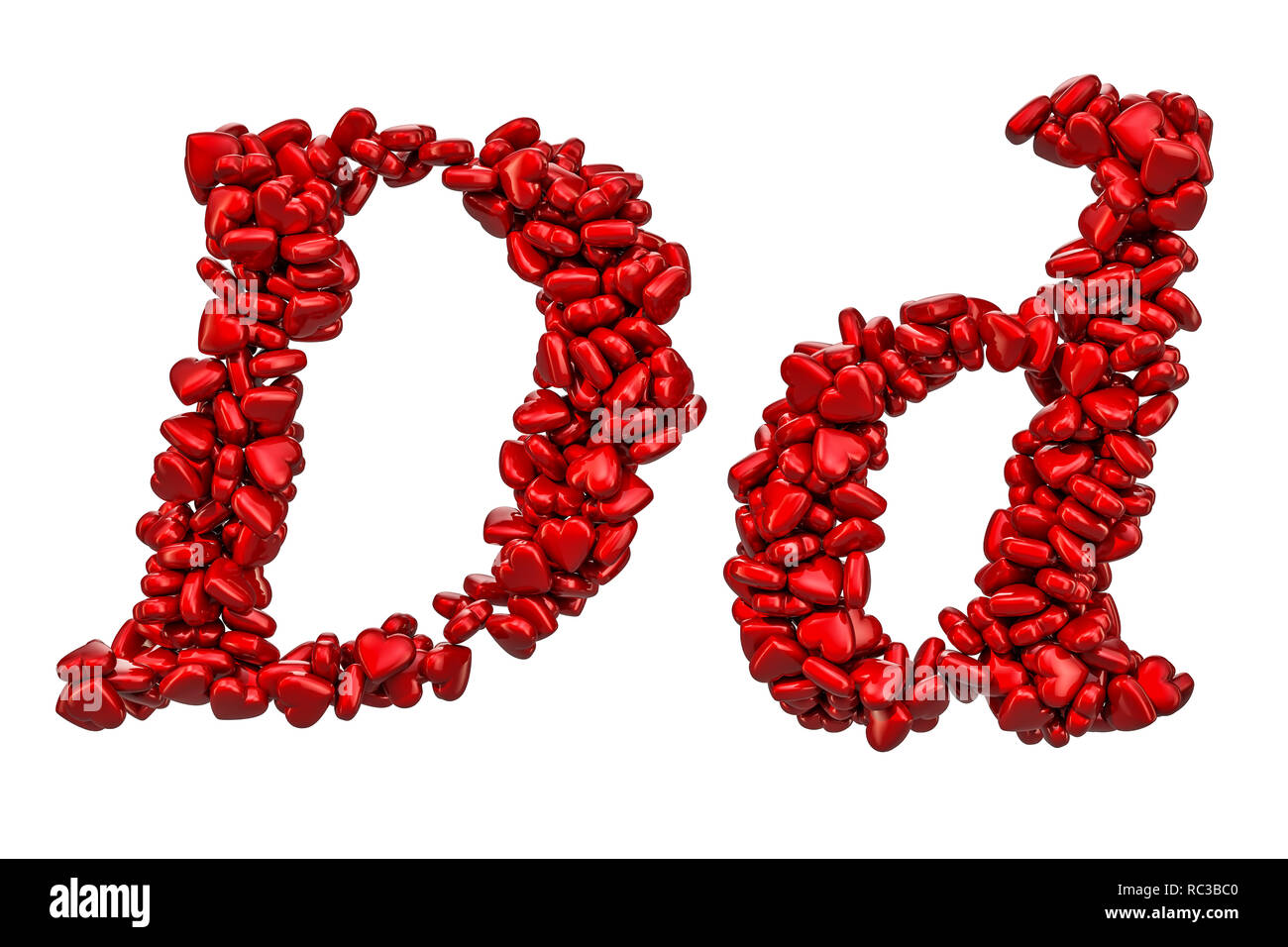 Cursive letter D from red hearts, capital and small letters. 3D ...