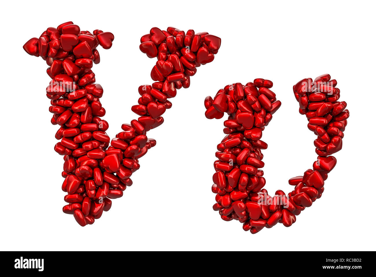 Cursive letter V from red hearts, capital and small letters. 3D ...