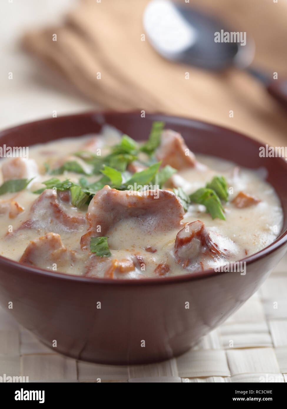 Cream soup with chanterelle mushrooms and coriander closeup Stock Photo